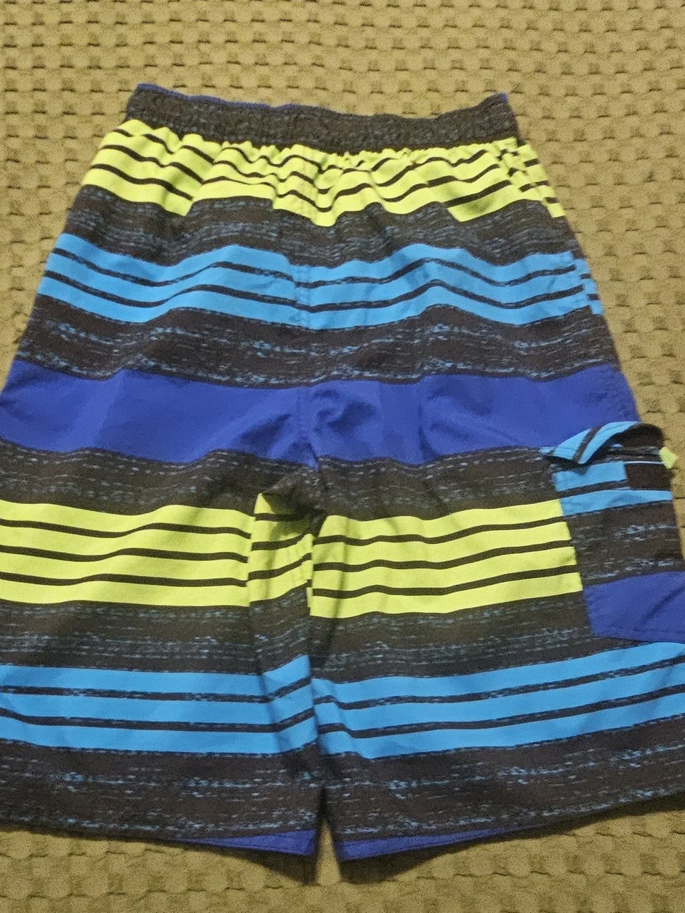 First Wave Boys Bright Blue and Neon Yellow Striped Swim Trunks